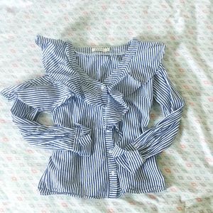 Blue and white cold shoulder button up blouse